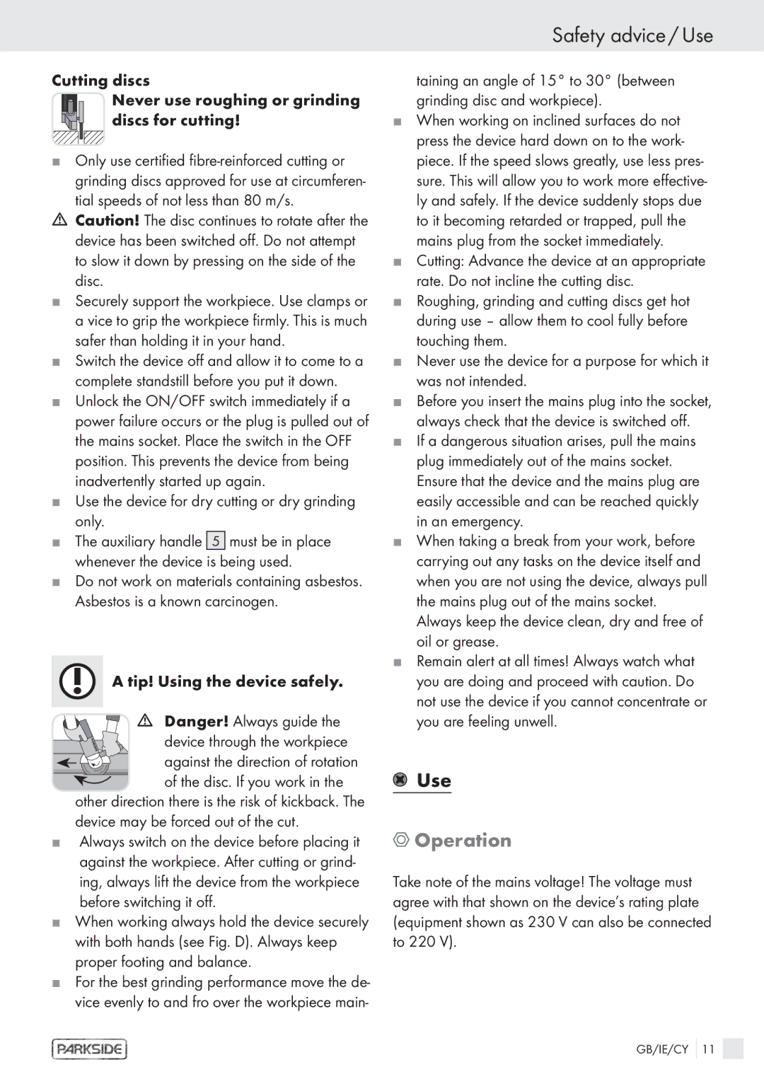 Kompernass PWS 1200 manual Safety advice / Use, Operation 